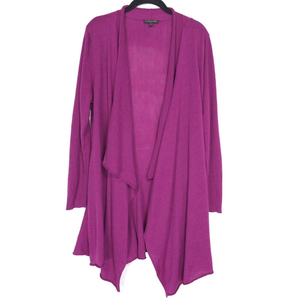 EILEEN FISHER Purple Merino Wool Open Front Cardigan Long Sweater Women 1X